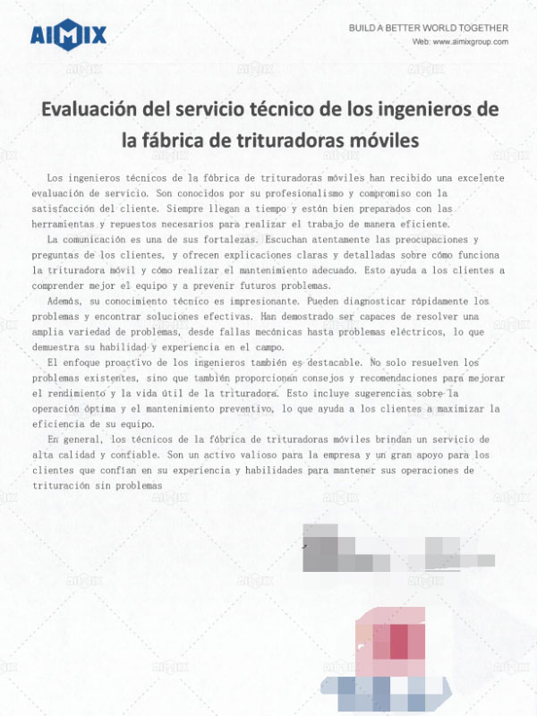 Carta de Agradecimiento por el Cliente de AIMIX en Colombia